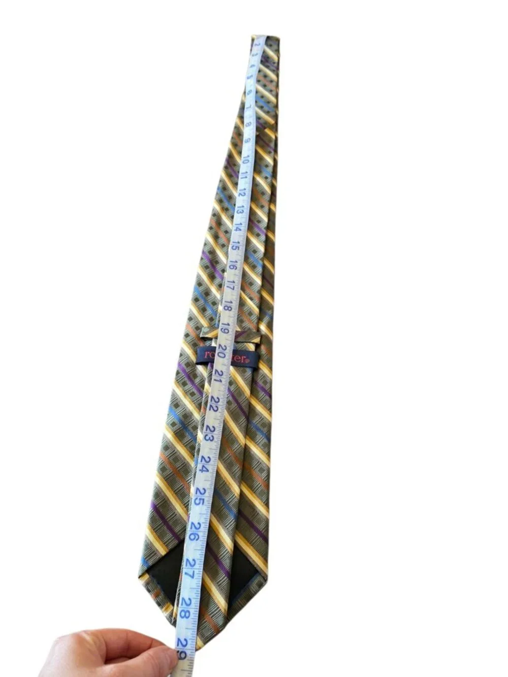 Rooster 100% Silk Tie Green Blue Purple Gold Geometric Striped Necktie 3.5”